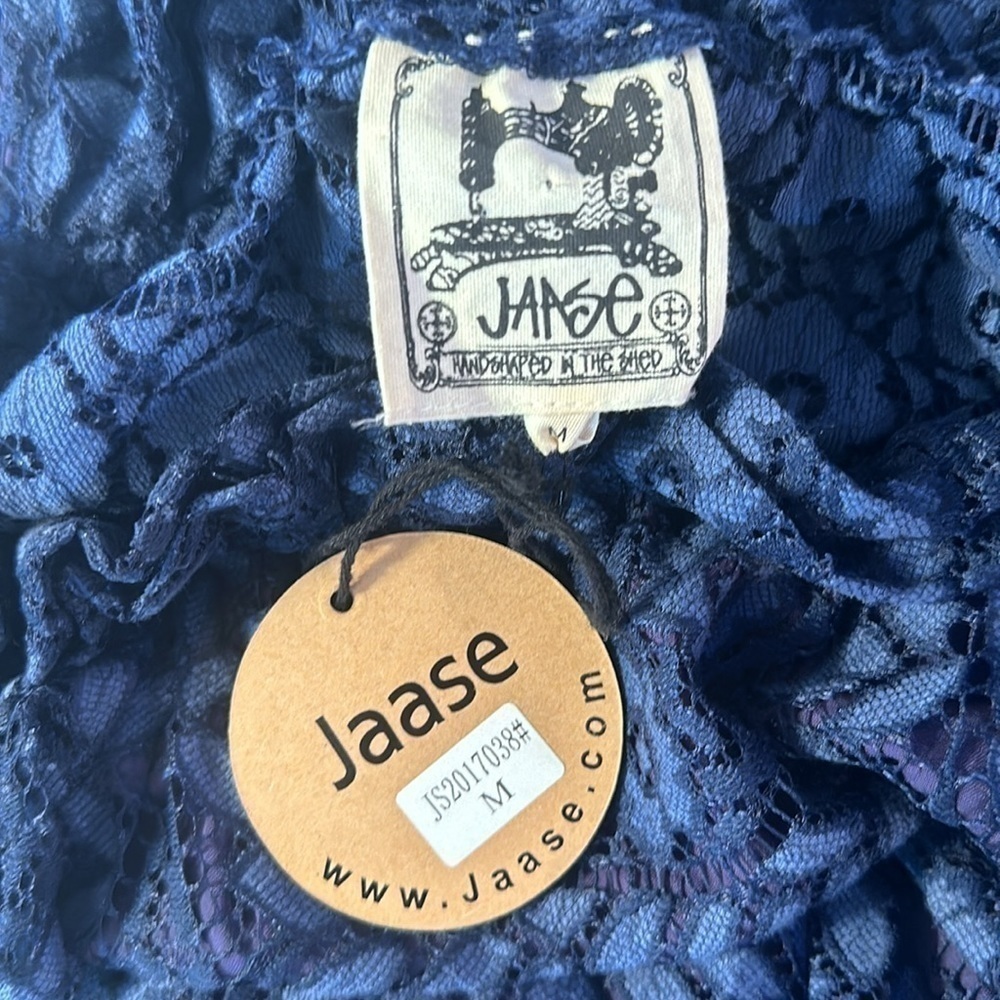 Jaase Navy Blue Lace Dress On or Off Shoulder Puffy Long Sheer Sleeve Hi Low Hem - Picture 8 of 8